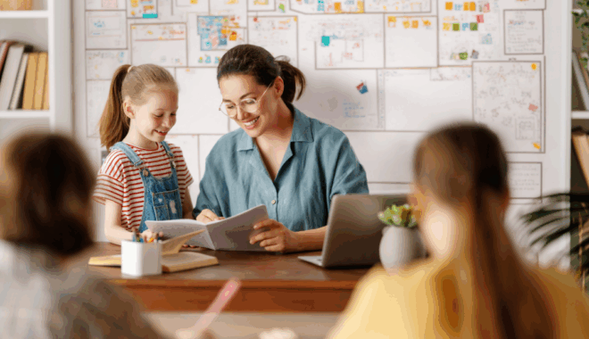 Teacher with child and book