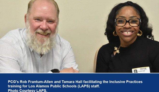 PCG's Rob Frantum-Allen and Tamara Hall facilitating the Inclusive Practices training for Los Alamos Public Schools (LAPS) staff. Photo Courtesy LAPS.