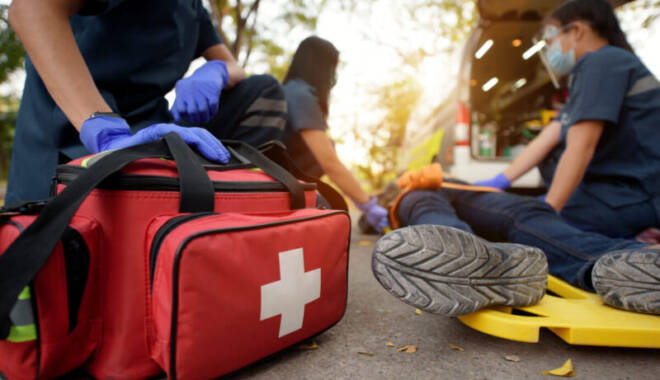 Emergency Medical First aid kit bags of first aid team service for an accident in work of worker loss of function in limbs, First aid training to transfer patient